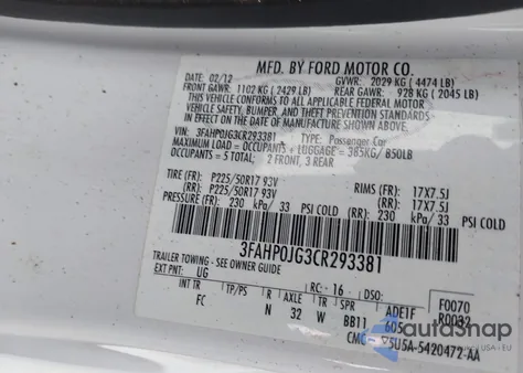 2012 Ford Fusion Sel from USA, damaged, VIN 3FAHP0JG3CR293381